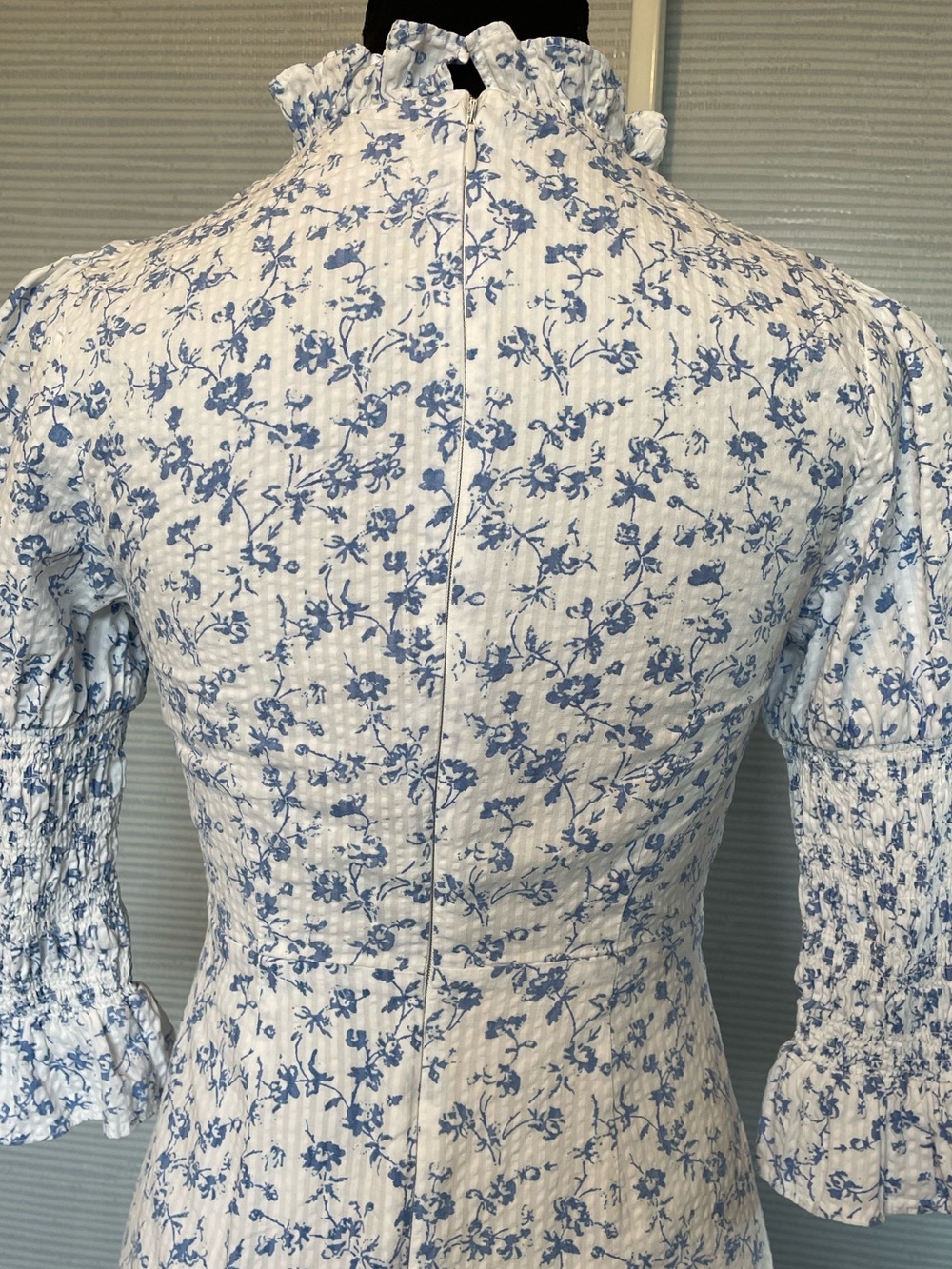 Laura Ashley x UO Maisy Mock Neck Mini Dress White Blue Floral Ruffle Eyelet XS - Picture 12 of 15
